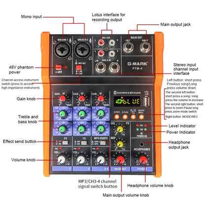 G-MARK Analog Mixer Audio 4 Channel DJ Audio Mixer Bluetooth Studio Karaoke For PC Live Performance KTV Home Stage Music Effects Sound Card Protable Mixing Console