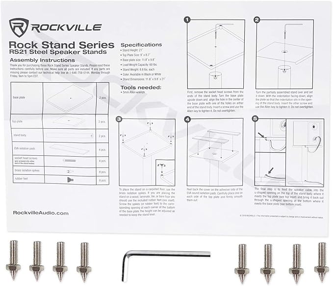 Rockville RS21W 21 inch Steel Bookshelf Speaker Stands, 60 lbs Capacity, Anti-Vibration Foam, Cable Management, for Home Audio and Studio Monitoring