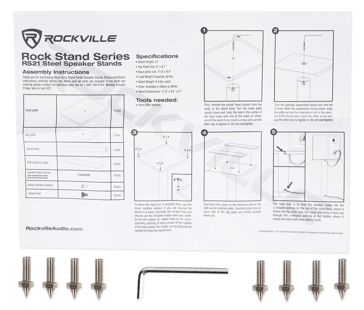 Rockville RS21W V2 Pair 21" Steel Bookshelf Speaker/Monitor Stands, White