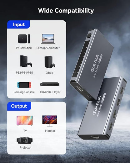 HDMI Switch 5 in 1 Out 4K@60Hz, GANA HDMI Splitter Switcher with Remote, Aluminum HDMI 2.0 Switch Box Hub for 3D, HDCP2.2, HDR, Compatible with Xbox, PS5/4/3,Fire Stick,Roku,Blu-Ray Player