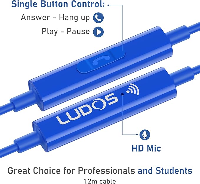 LUDOS OMNITONE USB C Headphones for iPhone 16 15 Pro Max Plus iPad Pro, 5 Years Warranty, USB-C Earbuds for Samsung Galaxy S24 S23 Ultra S22 S21 S20 A55 A54 A53, USB Type C Earphones - Blue