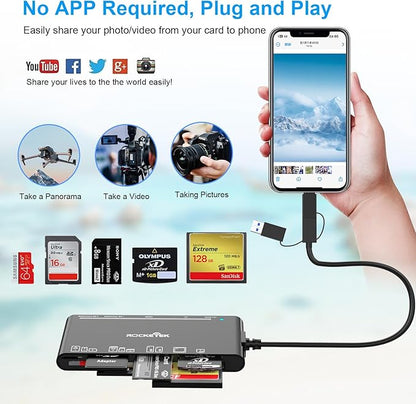 USB C Lightning USB3.0 Multi Card Reader for SD CF XD MS Micro SD TF, 7 in 1 Memory Card Reader Adapter Hub for iPhone/iPad/MacBook/Samsung, for Windows, Mac OS, iOS, Linux, Android