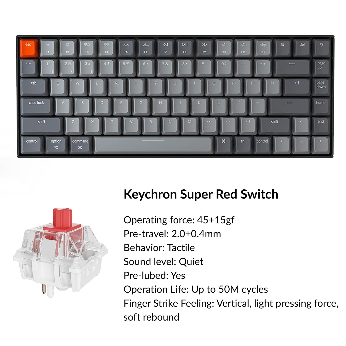 Keychron K2 75% Layout Bluetooth Mechanical Keyboard Super Red Switch/White LED Backlit/Anti Ghosting/N-Key Rollover/84 Key USB C Wired Computer Keyboard for Mac Windows-Version 2