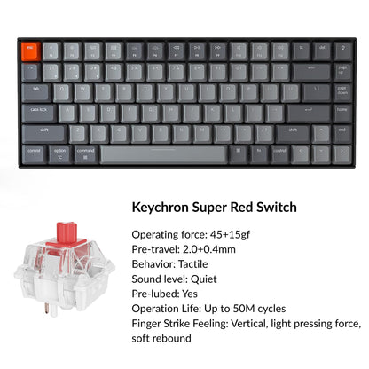 Keychron K2 75% Layout Bluetooth Mechanical Keyboard Super Red Switch/White LED Backlit/Anti Ghosting/N-Key Rollover/84 Key USB C Wired Computer Keyboard for Mac Windows-Version 2