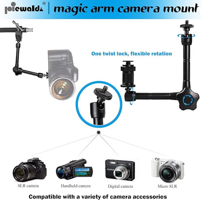 Magic arm Camera Mount ，articulating arm- 11 Inch Metal Adjustable Friction Articulated arm with Super Clamp/Phone Clip, for Various Action Camera/DSLR/LCD Monitor/LED Lights/Cell Phone