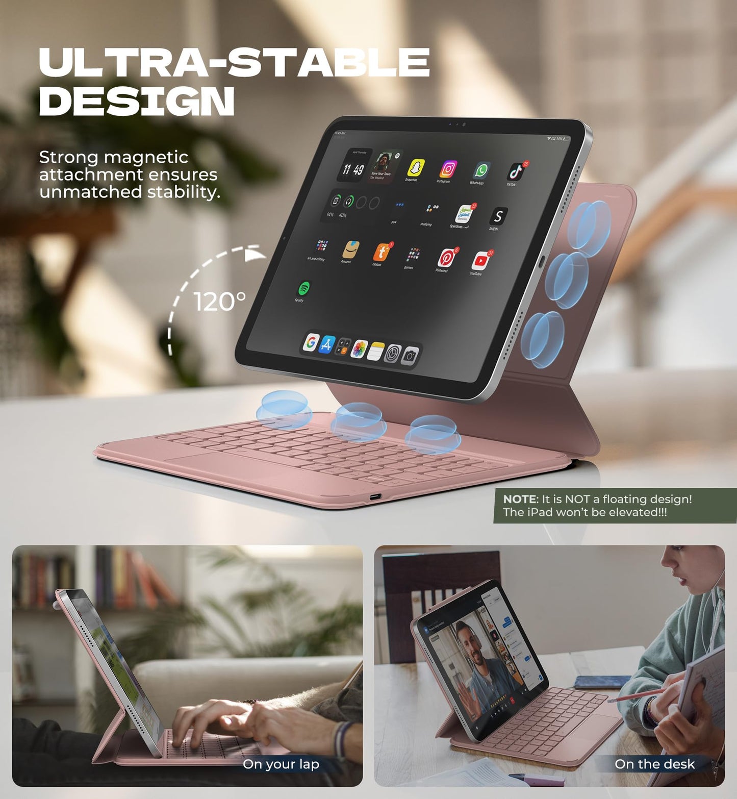 Dexnor for iPad (A16) 11th/10th Generation Case with Keyboard Ultra-Thin Magnetic Folio Keyboard Case Trackpad Pencil Holder Backlit Rechargeable for iPad A16 11" 2025/10th Gen 10.9" 2022, Pink