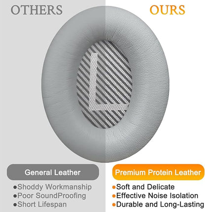 SoloWIT Ear Pads Cushions Replacement, Earpads for Bose QuietComfort 35 (QC35) and Quiet Comfort 35 II (QC35 II) Over-Ear Headphones, Softer Leather, Noise Isolation Foam - PL Silver