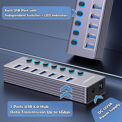 Powered 7-Port USB 3.0 Hub, USB C to 7 Ports USB Data Hub Splitter with Individual LED On/Off Switche, 3.3FT Cable, 12V/3A Power Adapter, for Laptop MacBook Pro/Air PC (Aluminum Gary)