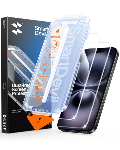 SMARTDEVIL 2 Pack for iPhone 16 Plus/iPhone 15 Plus Screen Protector, 9H Hardness Military Grade Shatterproof, HD Clear Tempered Glass with Auto Dust-Elimination, Bubble Free, Easy Installation