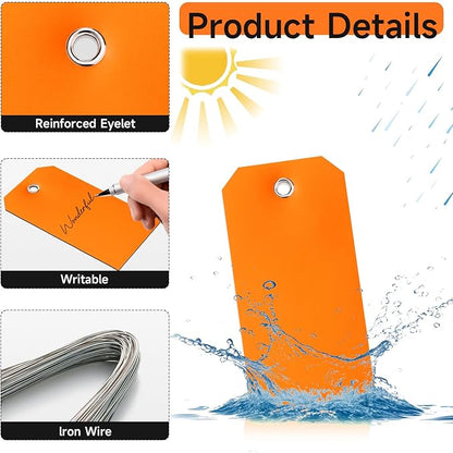 100 Pcs Marking Tags with String Rectangle Plastic Hang Tags Waterproof Orange Tags Wire Tags Write On Tie On Labels Tags for Auto Parts Luggage Garage Inventory DIY Price (Orange, 4 3/4" x 2 3/8")