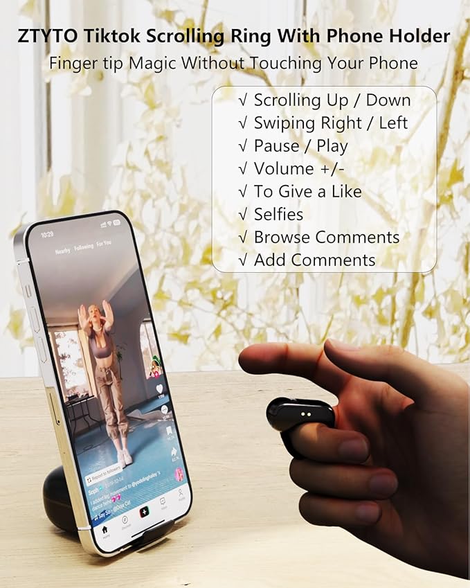 Tiktok Scrolling Ring,Air Finger Ring Mouse with a Touchpad,Remote Control for Kindle App/Camera/Video Recording,Bluetooth Scroller for iPhone/Android (Black)
