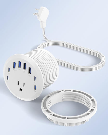 Jgstkcity 65W USB-C Hidden Desktop Power Grommet: 1 AC Outlet,8 USB Charging Ports,3'' Hole Flush Mount Pop-Up Power for Conference Tables & Nightstands (Whtie, 6 FT - 2PCS)