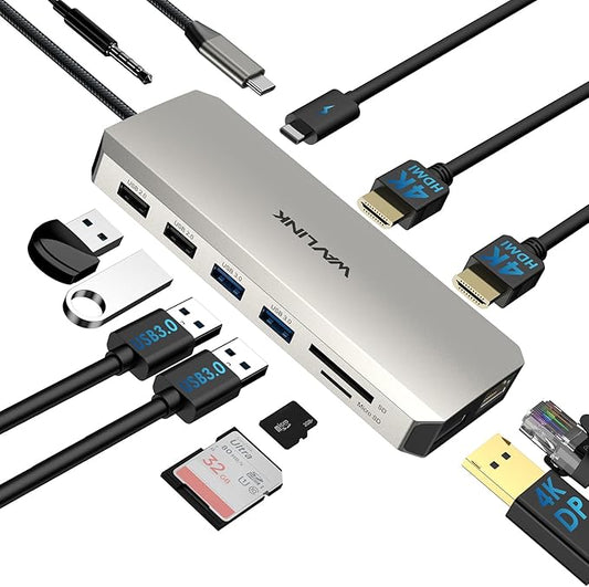 USB C Docking Station USB C to Dual HDMI Adapter USB C Hub Dual Monitor, 13 in 1 Multiport Triple Display Type C Dongle with Dual HDMI 4K, DP, PD Charger, 5 USB, Ethernet, SD TF Card Reader, Audio