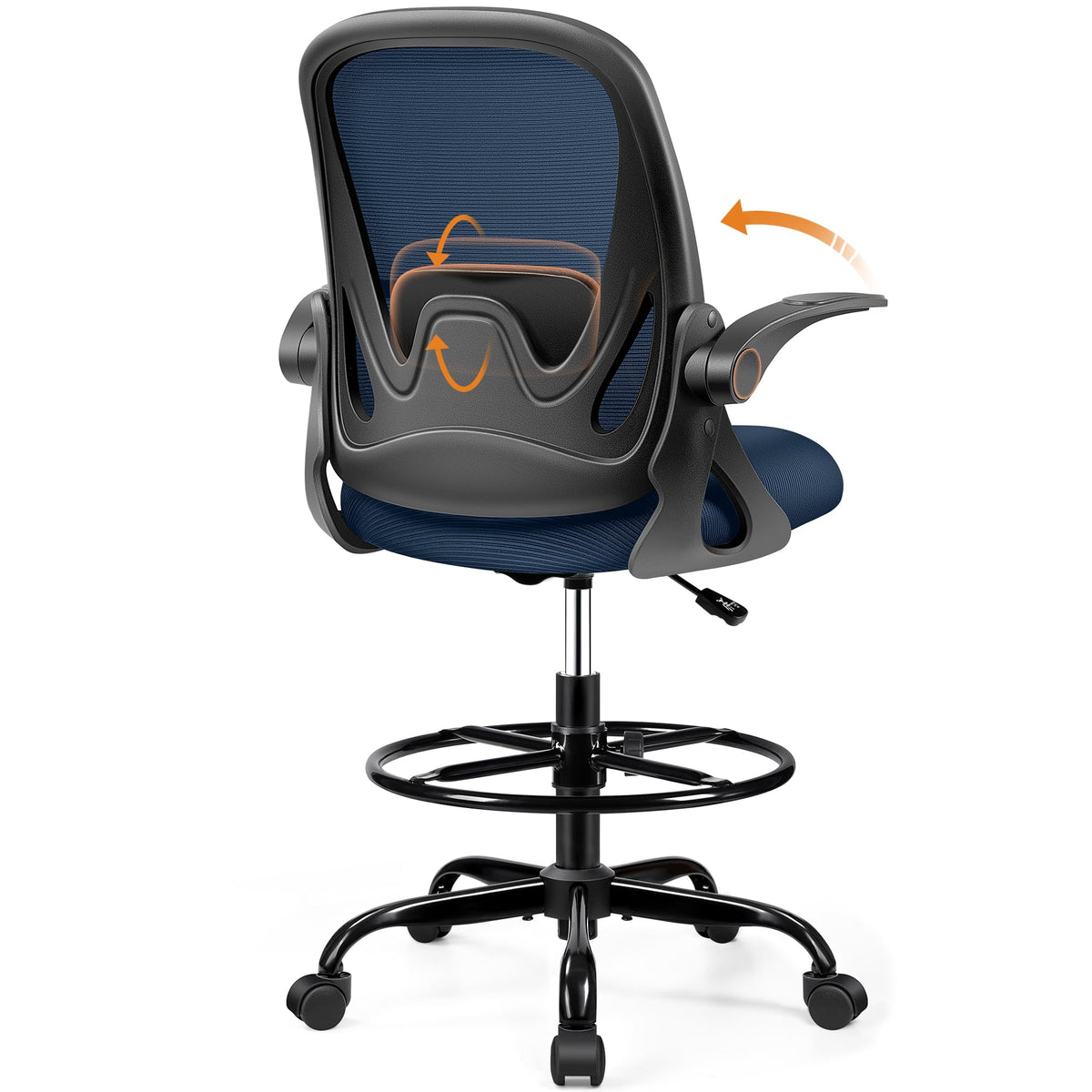 Drafting Chair Tall Office Chair with Flip-up Armrests, Adjustable Height, and Enhanced Lumbar Support - Ergonomic Rolling Stool, Back Support, and Adjustable Foot Rest Ring Light Blue