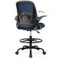 Drafting Chair Tall Office Chair with Flip-up Armrests, Adjustable Height, and Enhanced Lumbar Support - Ergonomic Rolling Stool, Back Support, and Adjustable Foot Rest Ring Light Blue