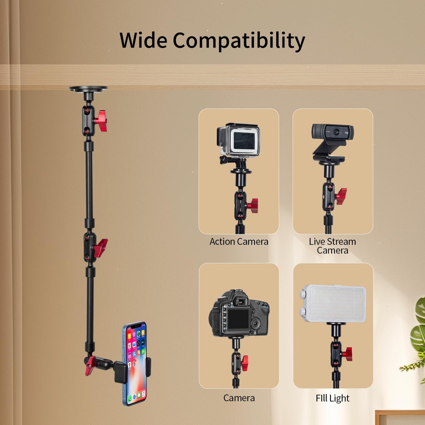 Wall Mounted Phone Holder Magic Arm 360° Rotation Adjustable Metal Base Screw in Wall Sturdy for Kitchen Bedroom Home 22 Inch ABS Phone Clip