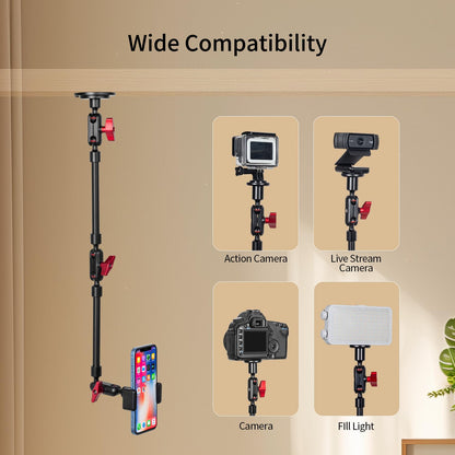 Wall Mounted Phone Holder Magic Arm 360° Rotation Adjustable Metal Base Screw in Wall Sturdy for Kitchen Bedroom Home 22 Inch ABS Phone Clip