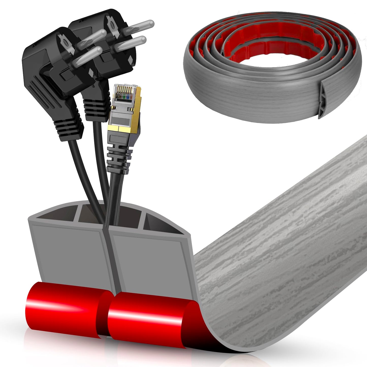 Floor Cord Cover Cavity 0.8"x0.37" Self Adhesive Cord Hider, 10FT Low Profile Cable Management, Extension Strip Protector for Wires, Prevent Cable Trips for Offices, Gyms, Exhibitions (Gray Wood)