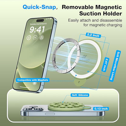 Magnetic Suction Cup Phone Mount for MagSafe Case, Silicone Hands-Free Grip Holder for iPhone and Android, Mirror Shower Phone Stand for Makeup FaceTime Gym Kitchen Bathroom, Tea Green