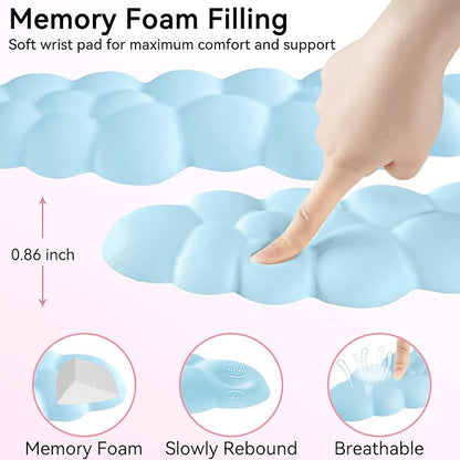 Cloud Wrist Rest for Computer Keyboard, 4-in-1 Memory Foam Leather Cloud Keyboard Wrist Rest and Mouse Pad Set with Ergonomic Support for Arm and Palm Cushion, Gaming/Work Setup, Blue