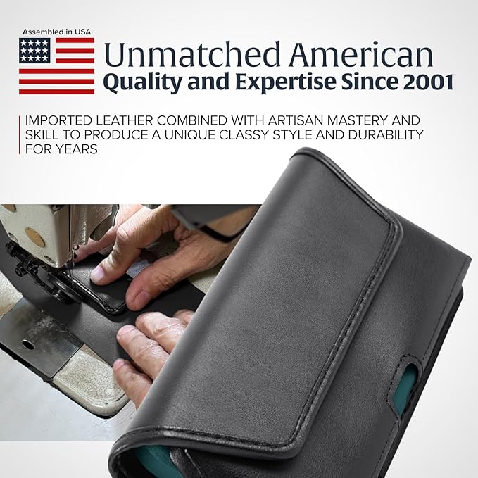 Turtleback Belt Holder for iPhone 16 Pro Max, 15 Pro Max, 14 Pro Max -Small- Fits w/Slim MagSafe Style Cases, Premium Black Leather Horiz. Belt Holster, Magnetic Closure, Leather Wrapped Clip