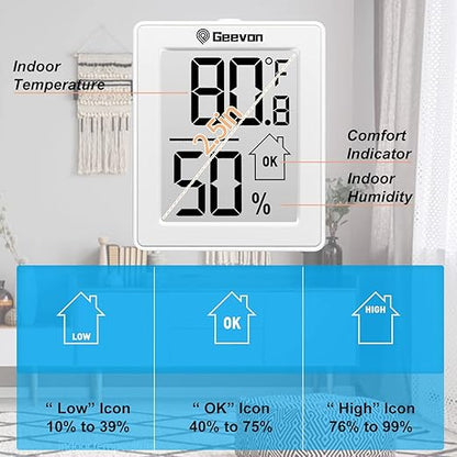 Geevon 2 Pack Hygrometer Indoor Thermometer Room Humidity Gauge with Battery, Digital Temperature Gauge Humidity Meter Indicator for Home, Office, Greenhouse, Mini Hygrometer,White
