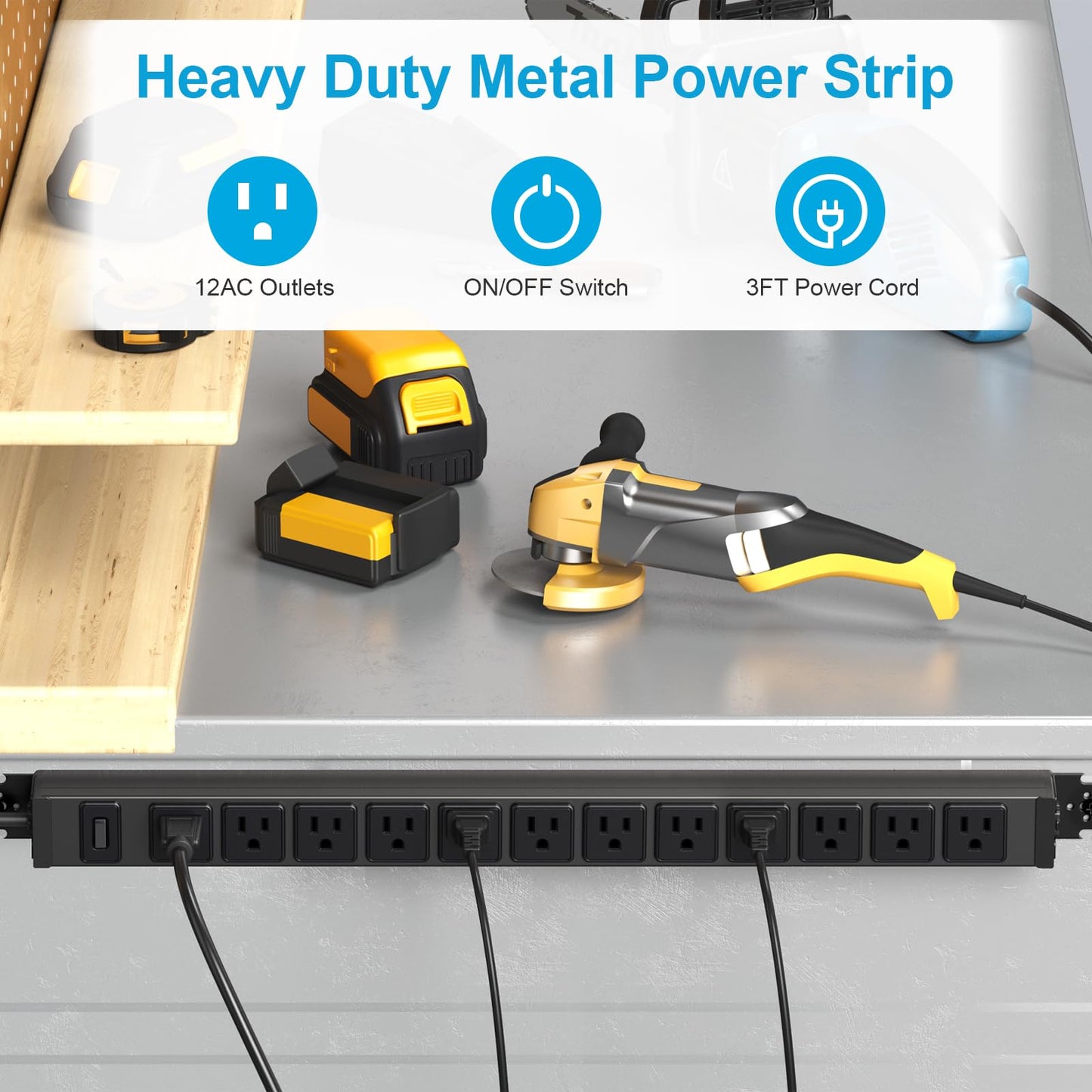 HHSOET 360° Rotating 12 Outlet Mountable Power Strip, Aluminum Alloy Long Power Strip,1200J, Heavy Duty Wall Mount Surge Protector with Switch, 3ft Power Cord