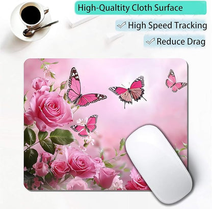 Cute Butterfly Pink Rose Flower Custom Mouse Pad with Non-Slip Rubber, Small Square Design for Wireless Laptop & Computer Mouse Pads for Desk, 9.5 x 7.9 inch Smooth Surface for Gaming & Office