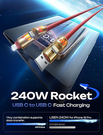 LISEN 240W Chubby USB C to USB C, 4 in 1 Charging Cable (6.6FT) with Light, USB A/C to C/L Multi Charging Cable for iPhone 16 15 14 Pro Max/MacBook/iPad Pro/SamSungS24,Red