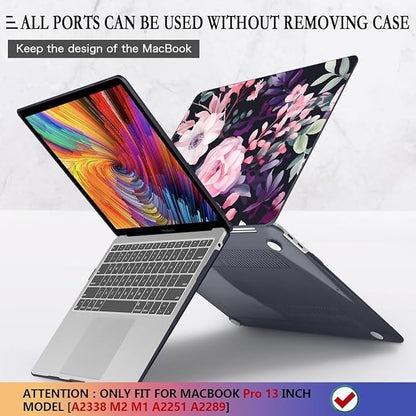 CISSOOK Compatible with MacBook Pro 13 inch Case M2 M1 2025-2016 Release Model A2338 A2251 A2289 A2159 A1989 A1706, Flower Plastic Hard Shell Case Black Cover for MacBook Pro 13 - Pink Flowers