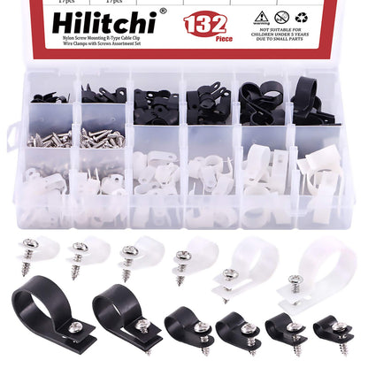 Hilitchi 132 Pcs 6 Sizes Black and White Plastic Cable Clamp R Type Screw Mounting Cord Fastener Cable Clips Assortment Kit with Screws for Wire Management Cable Conduit (Clips from 6mm to 23mm)