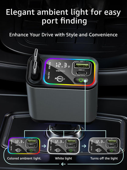 PDMAX Retractable Car Charger USB C,145W Type C Car Charger Fast Charging with Dual Retractable USB C Cable and USB Ports for iPhone 17/16/15,S25/24/23/22, Pixel 9/8/7（Build-in Dual Type C Cable）