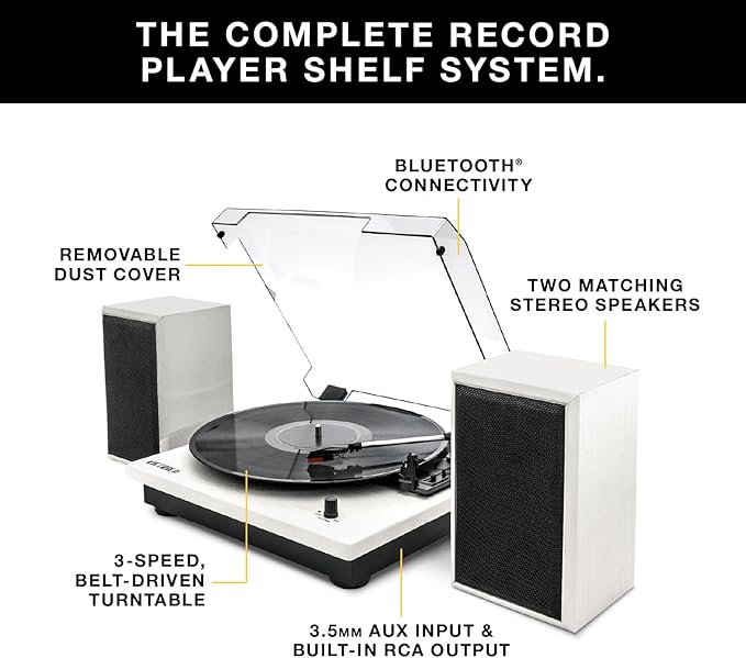 Victrola Montauk Vinyl Record Player, 3-Speed Belt Driven Turntable with Stereo Bluetooth Speaker Pair, RCA Output & 3.5mm Headphone Jack, Removable Dust Cover, Black Wood Finish