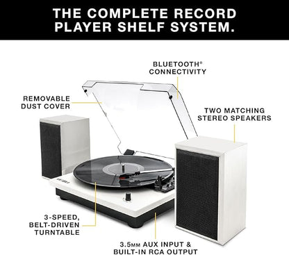Victrola Montauk Vinyl Record Player, 3-Speed Belt Driven Turntable with Stereo Bluetooth Speaker Pair, RCA Output and 3.5mm Headphone Jack, Removable Dust Cover, Farmhouse Walnut Finish