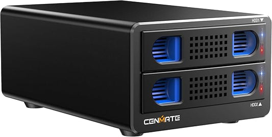 CENMATE Aluminum 2 Bay 10Gbps HDD Enclosure with Cooling Fan for 2.5“/3.5" SATA HDD/SSD with USB A/C 3.2 Gen 2, Support Hot Swappable, Tool-Free Hard Drive Enclosure