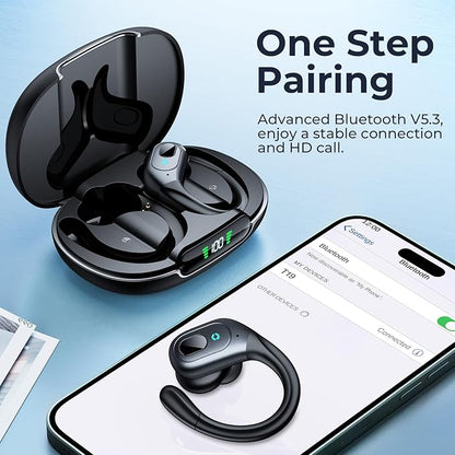 occiam Active Noise Cancelling Ear Buds Bluetooth Headphones Wireless Earbuds 90Hrs Playback Stereo Bass Earphones with Over-Ear Hooks IPX7 Waterproof Earbud for Sports Running Gym Workout Black