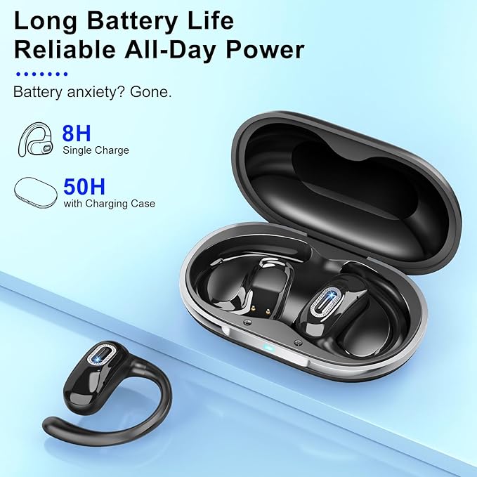 Open Ear Headphones, Bluetooth 5.4 Wireless Earbuds, 50H, Air Conduction Ear buds, HD Stereo Bass Over Ear Earphones with Earhooks, Ultra-Comfort Secure Fit, IPX7 Waterproof Headset for Working Sports