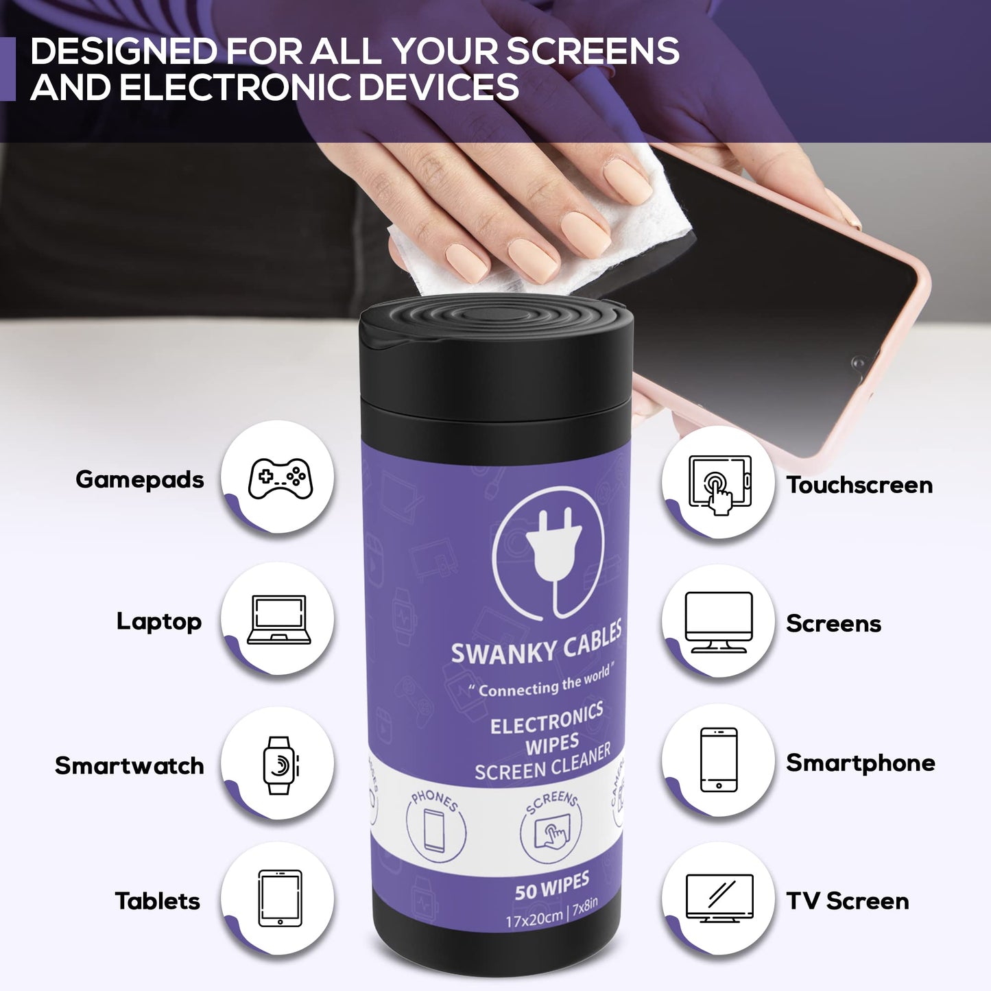 Swanky Cables Electronic Cleaning Wipes - Computer, TV, Monitor, Phone, Laptop, Tablet, Keyboard, Camera & Lens Cleaner, Portable Tech Screen Cleaner - With Microfiber Cloth - Canister, 150 Count