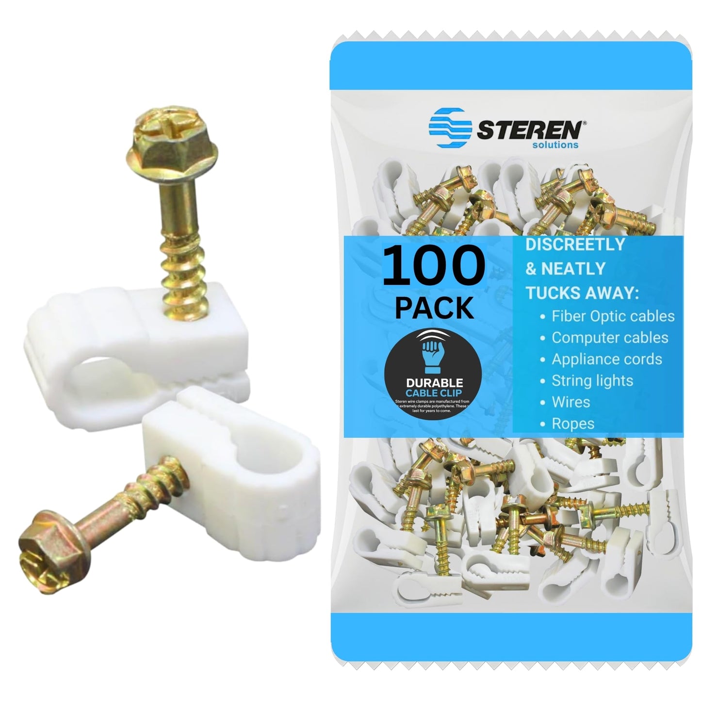 STEREN Coaxial Cable Clips - Cable Holder - Wire Clips - Siding Clips for Hanging - Cord Holder for Desk - Cable Clamps (White, 100 Count - Single Screw)