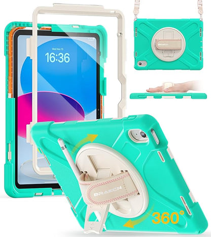 BRAECN for iPad (A16) 11th/10th Generation case 11/10.9 inch 2025/2022 Heavy Duty Shockproof Protective with Pencil Holder Screen Protector 360°Rotating Stand Handle & Shoulder Strap Full Body Cover