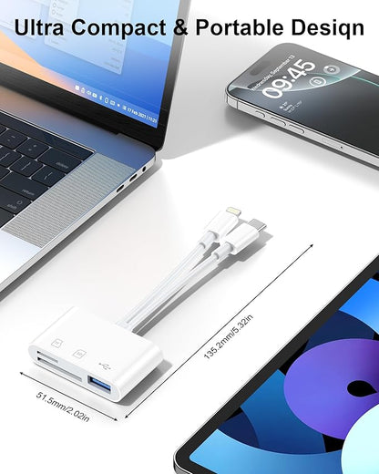3 in 2 Lightning & USB-C SD Card Reader for iPhone 16 Pro Max 15 Plus 14, Dual Port OTG MicroSD Memory Card Reader Dongle Adapter with SD/TF/USB3.0 Slot for Camera iPad Galaxy S25 S24 MacBook Air/Pro