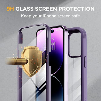 Miracase Glass Series Designed for iPhone 14 Pro Case 6.1 Inch, Upgrade Full-Body Bumper Case with Built-in 9H Tempered Glass Screen Protector, with Camera Lens Protector, Dark Purple