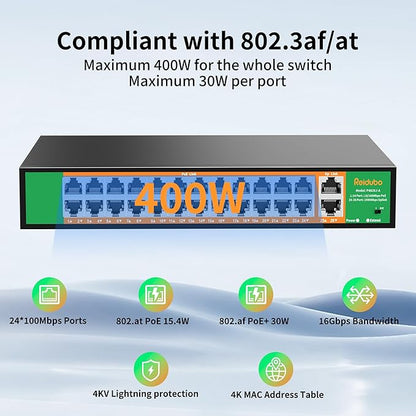 24 Port PoE Switch with 2 Gigabit Ethernet Uplink Port, Support IEEE802.3af/at, 400W High Power, Fanless, Plug and Play Unmanaged, Rackmount Ethernet Switch