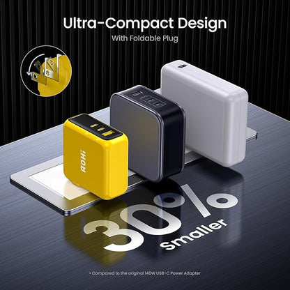 AOHI Magcube 140W USB C Charger PD3.1 3-Port GaN+ Laptop Wall Charger 100W Fast Charging Power Adapter Foldable Plug for MacBook Pro 16'', Dell XPS, iPad Pro, Galaxy, iPhone 15 Pro, Chromebook, Yellow