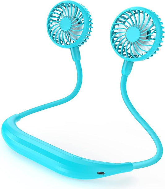 Portable Neck Fan, 2600mAh Battery Operated Sport Fan Ultra Quiet Hands Free USB Fan with 3 Speeds, Strong Wind, 360° Adjustable High Flexibility Wearable Personal Fan for Office Outdoor Travel (Cyan)