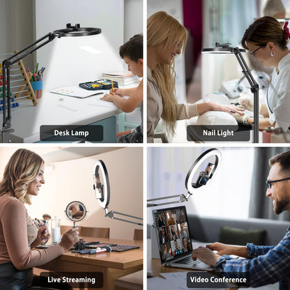 Upgrade Ring Light with Stand, Overhead Phone Mount for Desk, 10” Selfie Light with Stand Tripod for iPhone, Light with Phone Holder for Video Recording,Zoom Meeting,Live Streaming Tiktok,YouTube