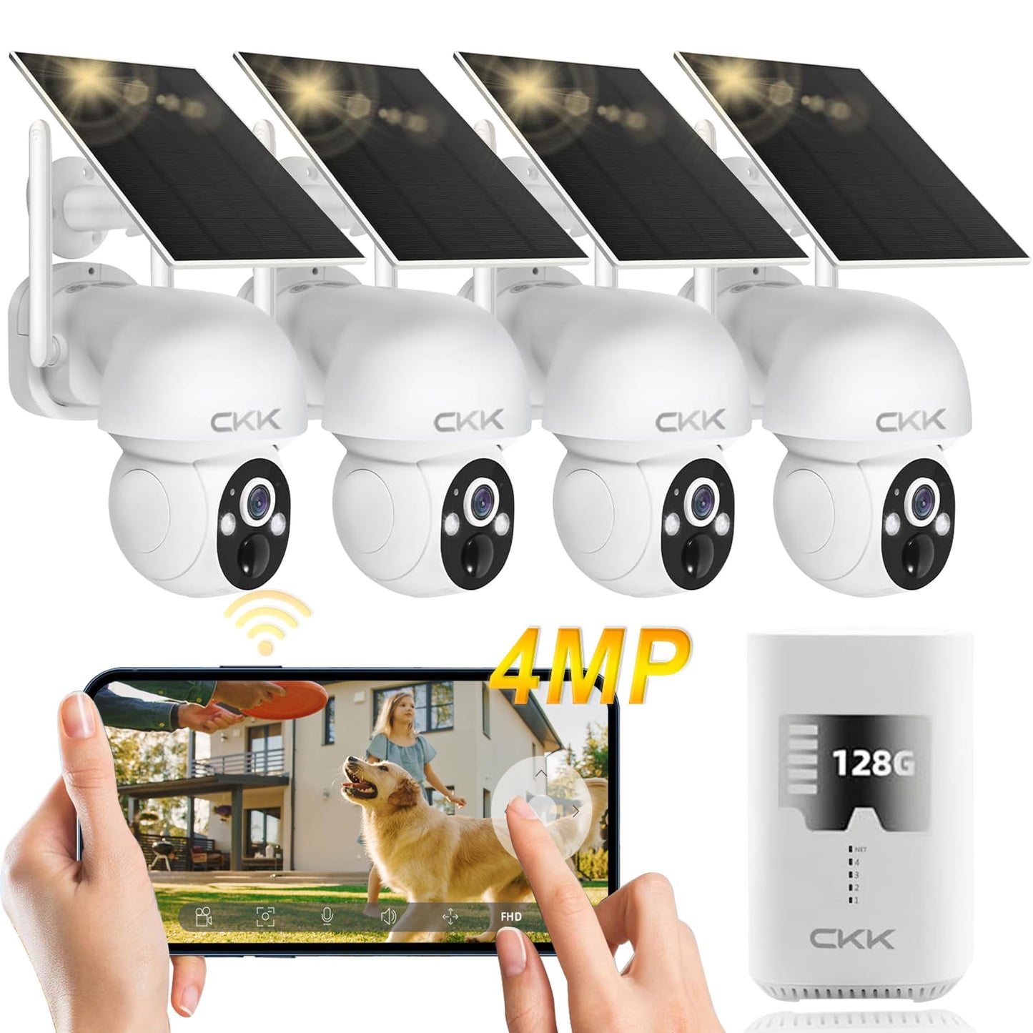 CKK 2.5K 4pcs Solar Security Camera System Wireless Outdoor with 128GB Card,360PTZ, PIR Motion Detection, Color Night Vision, 2-Way Talk, IP66 Waterproof, Audible & Floodlight Alarm for Home and Yard