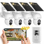 CKK 2.5K 4pcs Solar Security Camera System Wireless Outdoor with 128GB Card,360PTZ, PIR Motion Detection, Color Night Vision, 2-Way Talk, IP66 Waterproof, Audible & Floodlight Alarm for Home and Yard