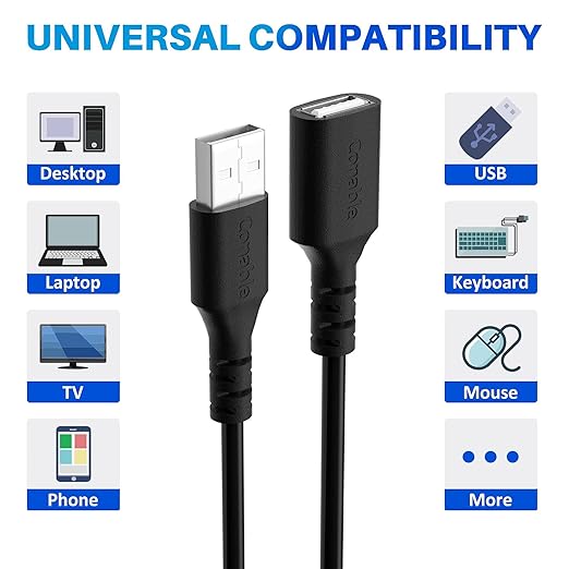 3 Pack USB Extension Cable 2 FT, Short USB 2.0 Type A Male to Female Extender Cord Adapter, Compatible with Printer, Keyboard, Mouse, Flash Drive, Hard Drive, Controller, Black Cable with 5 Cable Ties