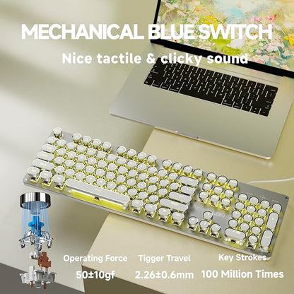EWEADN TK100 Typewriter Style Wired Mechanical Keyboard, 104 Keys Aesthetic Typewriter Keyboard with Yellow Backlit, Anti-Ghosting, Blue Switch Cool Keyboards-White